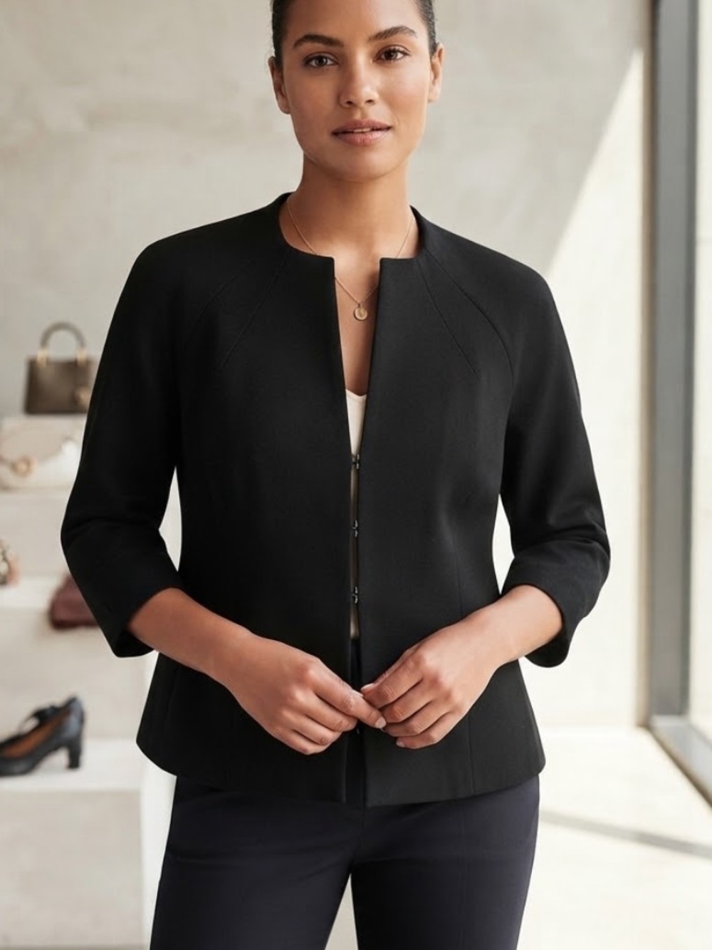 Banana Republic Black Blazer Jacket Size 8 Open Front Hook Closure 3/4 Sleeve